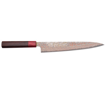 Takeshi Saji VG10 Rainbow Nashiji 24cm japansk sujihiki handgjord kniv