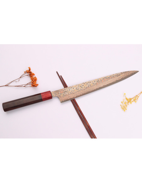 Takeshi Saji VG10 Rainbow Nashiji 27cm sujihiki japansk handgjord kniv