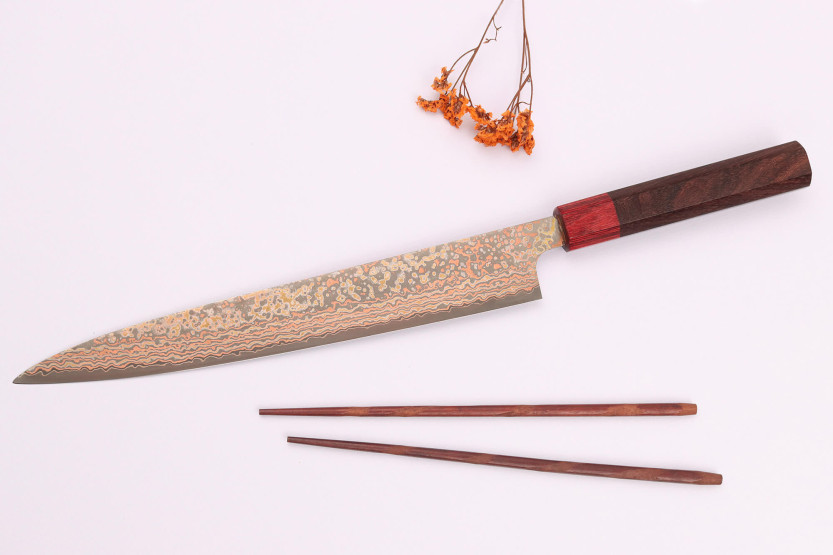Takeshi Saji VG10 Rainbow Nashiji 27cm sujihiki japans handgemaakt mes