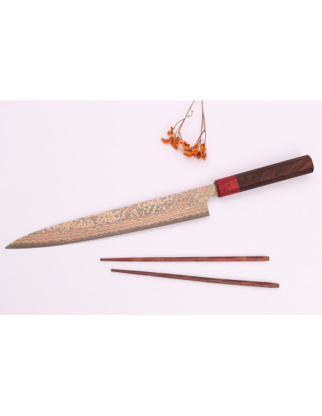 Faca sujihiki Takeshi Saji VG10 Rainbow Nashiji 27cm, feita à mão no Japão