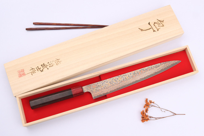 Takeshi Saji VG10 Rainbow Nashiji 27cm sujihiki japansk handgjord kniv