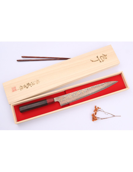 Takeshi Saji VG10 Rainbow Nashiji 27cm cuchillo sujihiki, japonés hecho a mano