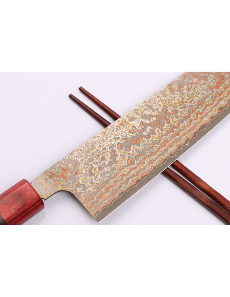 Faca de chef japonesa tradicional Takeshi Saji VG10 Rainbow Nashiji 24cm