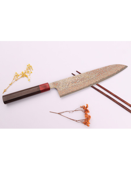 Faca de chef japonesa tradicional Takeshi Saji VG10 Rainbow Nashiji 24cm