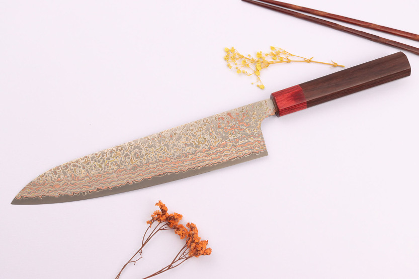 Cuchillo de cocinero tradicional japonés Takeshi Saji VG10 Rainbow Nashiji 24cm