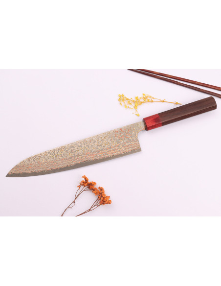 Cuchillo de cocinero tradicional japonés Takeshi Saji VG10 Rainbow Nashiji 24cm