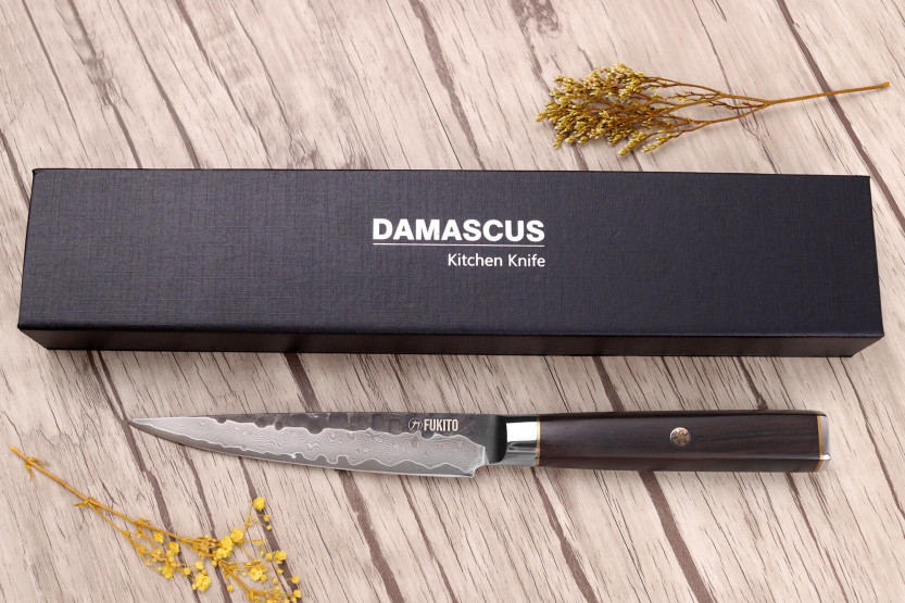 VG10 Fukito 12cm Ebony Damascus yleiskäyttöön tarkoitettu veitsi