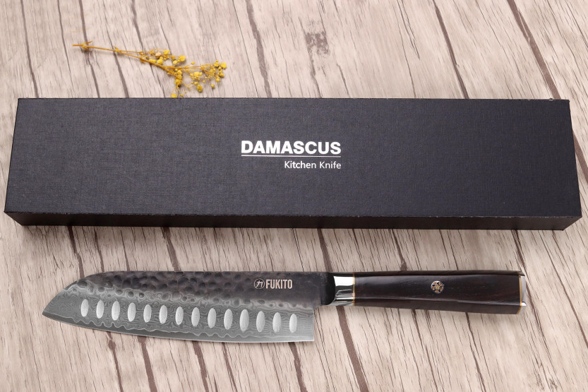 17cm Fukito Ebony Damascus VG10 santoku veitsi