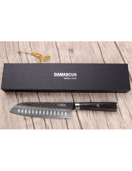 Faca Santoku VG10 17cm Fukito Ébano Damasco