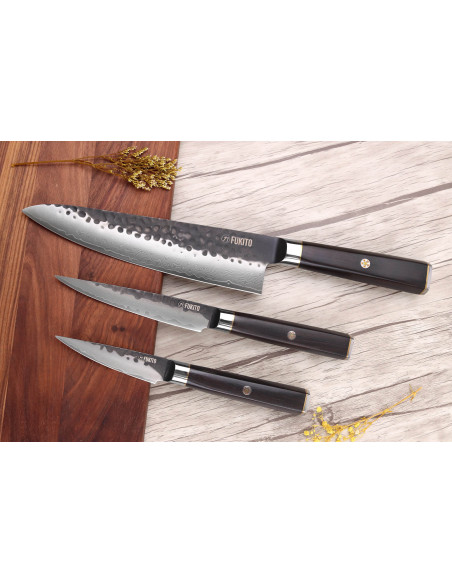 Set van 3 Fukito Ebben Damascus VG10 koksmessen + universele messen + kantoormessen