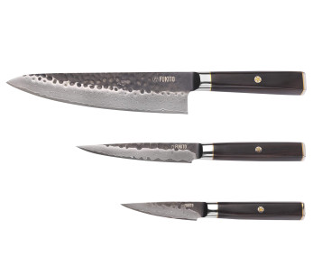 Conjunto de 3 facas Fukito Ebony Damascus VG10 Chef + Universal + Office