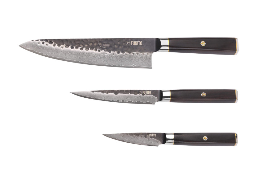Set of 3 Fukito Ebony Damascus VG10 Chef + Universal + Office knives