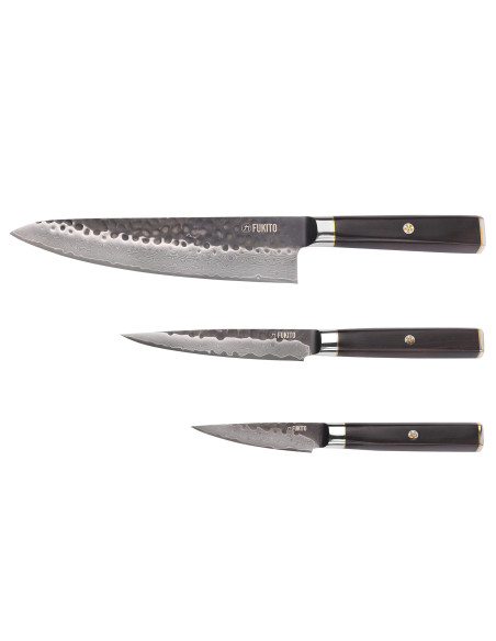 Set van 3 Fukito Ebben Damascus VG10 koksmessen + universele messen + kantoormessen