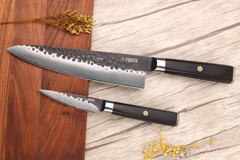 Set of 2 Fukito Ebony Damascus VG10 Chef + Office knives