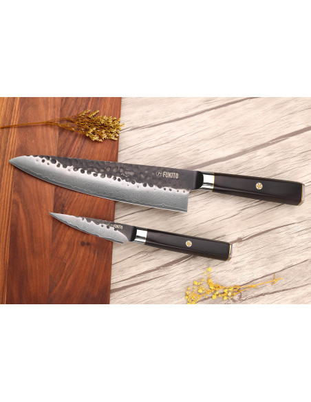 Set of 2 Fukito Ebony Damascus VG10 Chef + Office knives