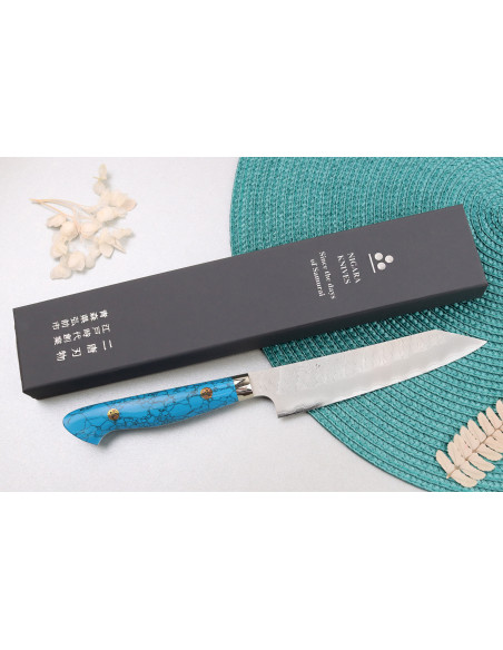 Nigara Hamono Migaki Tsuchime SG2 15 cm universal japansk kniv med turkis skaft