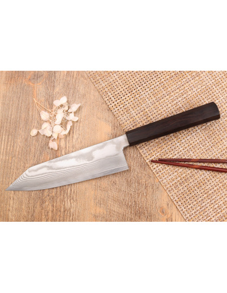 18 cm Hatsukokoro Ginsou Damaskus bunka kniv ibenholt håndtag japansk håndværk