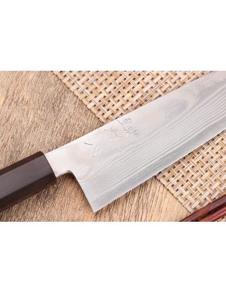 18 cm Hatsukokoro Ginsou Damaskus santoku-kniv ibenholt håndtag japansk håndværk