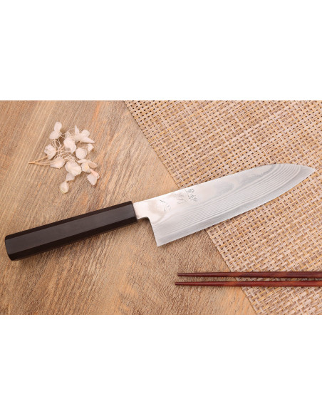 18cm Hatsukokoro Ginsou Damaskus santokukniv ebenholtshandtag japanskt hantverk