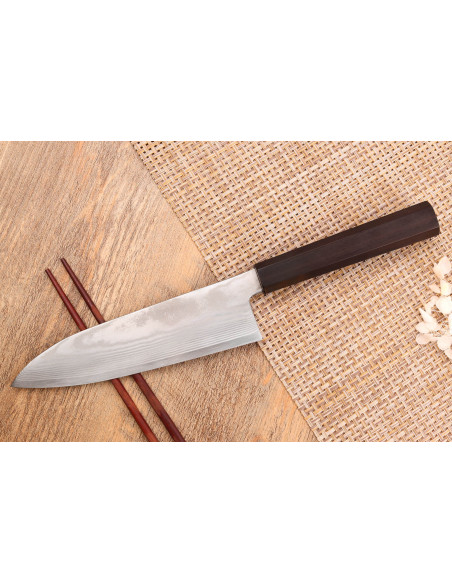 18cm Hatsukokoro Ginsou Damascus santoku mes ebbenhouten handvat japans vakmanschap