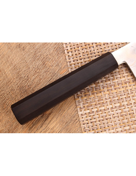 Faca Hatsukokoro Ginsou Damascus santoku 18cm cabo em ébano artesanato japonês