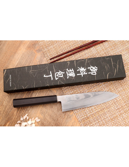 18 cm Hatsukokoro Ginsou Damasco coltello santoku manico in ebano artigianato giapponese