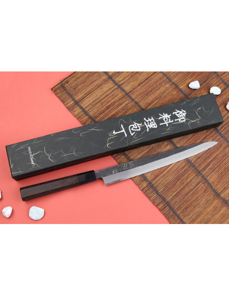 Faca de 27 cm Hatsukokoro Shirasagi artesanal japonesa yanagiba com cabo em wengué