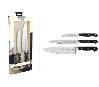 Sett med 3 Tramontina Century smidde kniver med svart polykarbonatskaft
