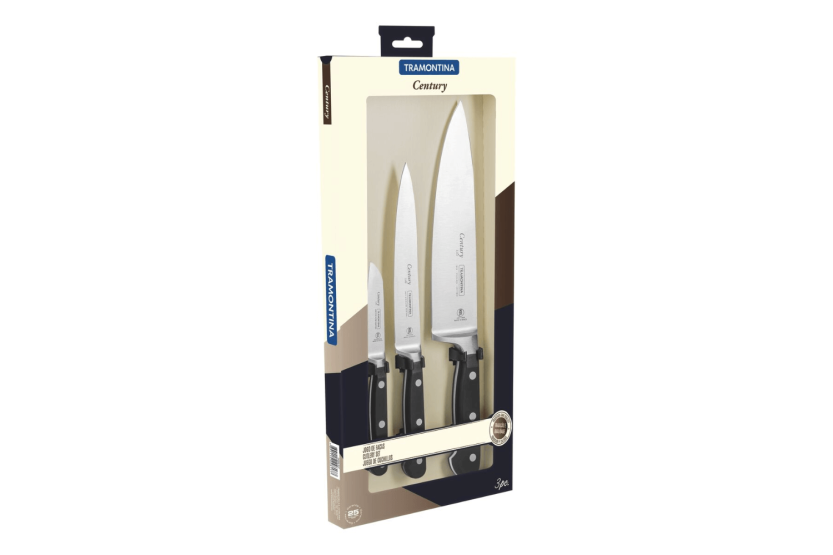 Sett med 3 Tramontina Century smidde kniver med svart polykarbonatskaft