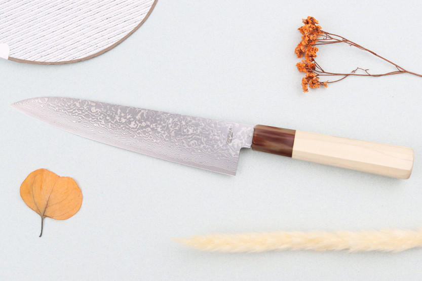 21cm Toshitaka Suminagashi SG2 Damascus chef ' s knife, handmade in Japan