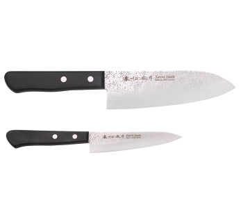 Box med 2 Satake Nashiji santoku + japanska kontorsknivar