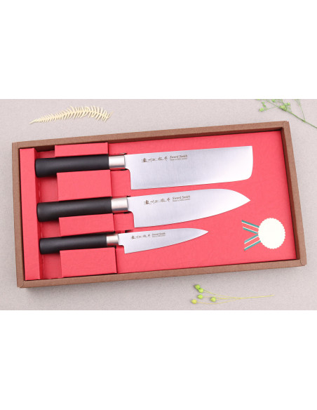 Set of 3 Satake Masamune Saku nakiri + santoku + office japanese knives