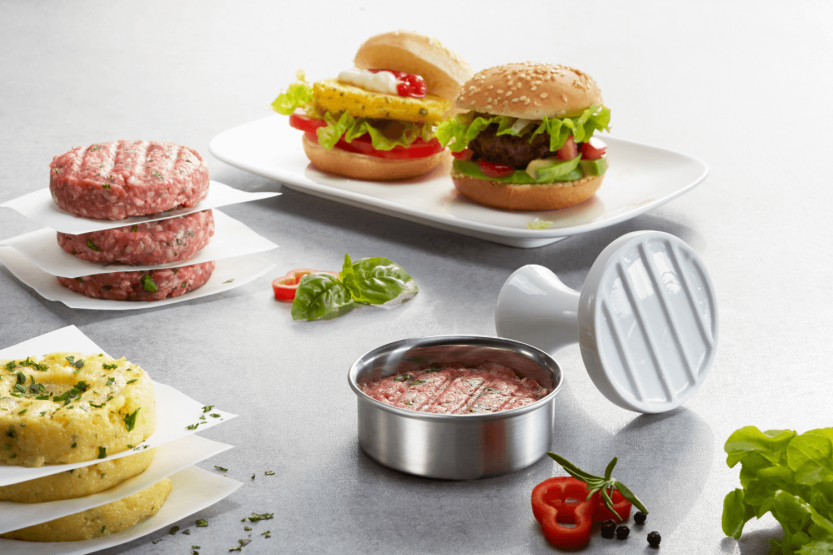 Prensa de hambúrgueres Gefu Spark para mini-hambúrgueres em aço inoxidável e porcelana