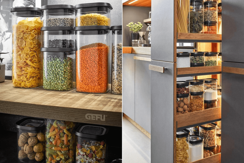 Gefu Pantry caja de almacenamiento de vidrio borosilicato 1400ml + 3 etiquetas autoadhesivas