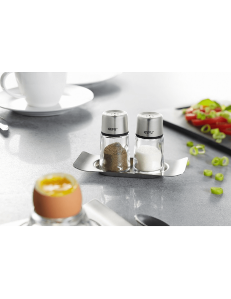 Juego de salero y pimentero Gefu Brunch + soporte de acero inoxidable