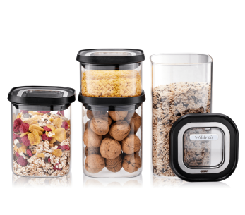 Sett med 4 Gefu Pantry oppbevaringsbokser i borosilikatglass + 12 selvklebende etiketter