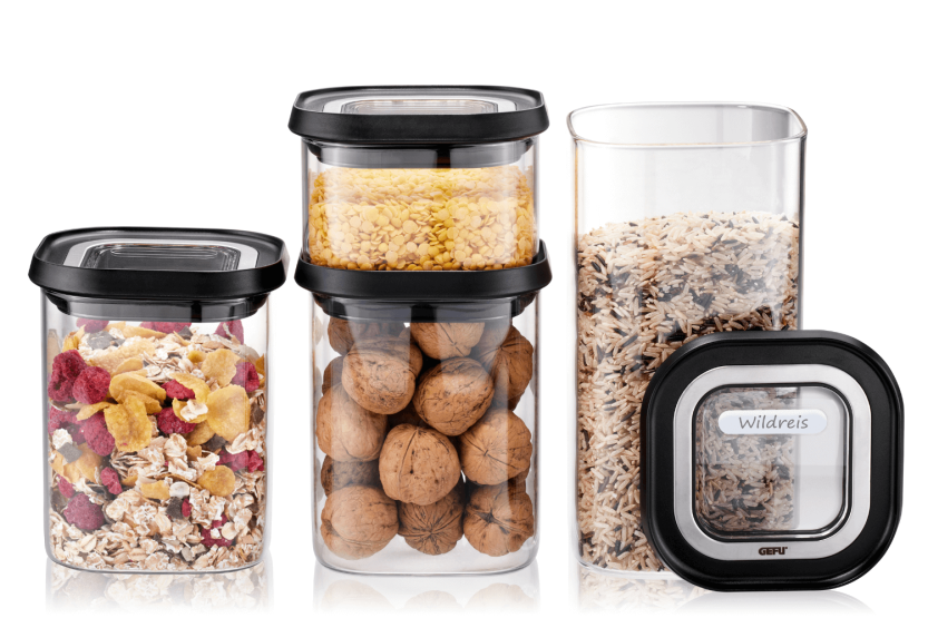 Sett med 4 Gefu Pantry oppbevaringsbokser i borosilikatglass + 12 selvklebende etiketter