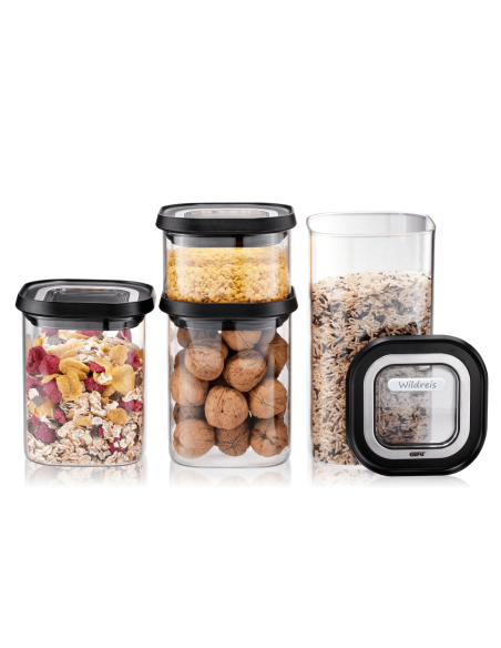 Set med 4 Gefu Pantry förvaringslådor av borosilikatglas + 12 självhäftande etiketter