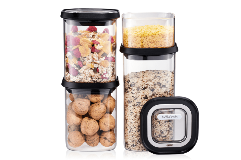 Conjunto de 4 caixas de armazenamento em vidro borossilicato Gefu Pantry + 12 etiquetas autocolantes