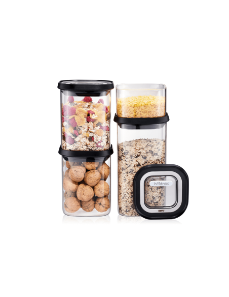 Set med 4 Gefu Pantry förvaringslådor av borosilikatglas + 12 självhäftande etiketter