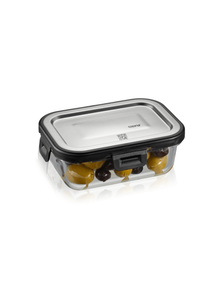 Rechteckige Frischhaltedose Gefu Milo aus Borosilikatglas und Edelstahl 400ml