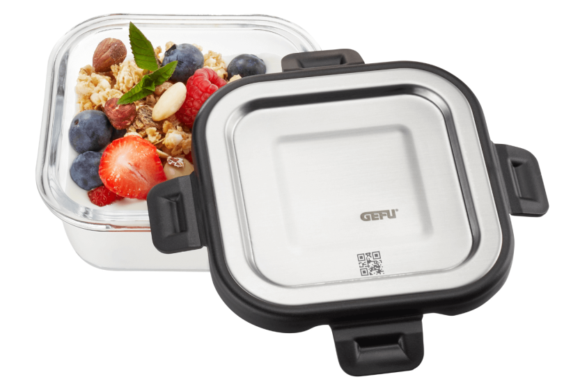 Gefu Milo square cool box in borosilicate glass and stainless steel 300ml