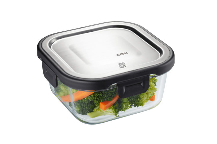 Gefu Milo square cool box in borosilicate glass and stainless steel 500ml