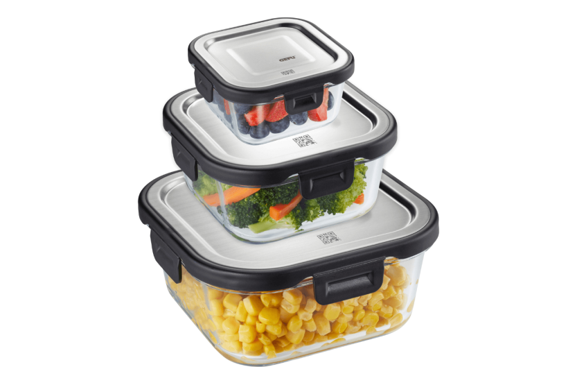 Gefu Milo square cool box in borosilicate glass and stainless steel 500ml