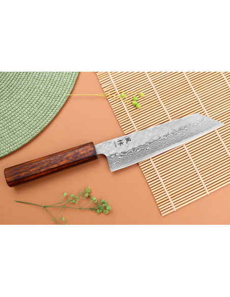 Faca bunka artesanal japonesa Yuzo Damascus Tsuchime 440C de 17,5 cm