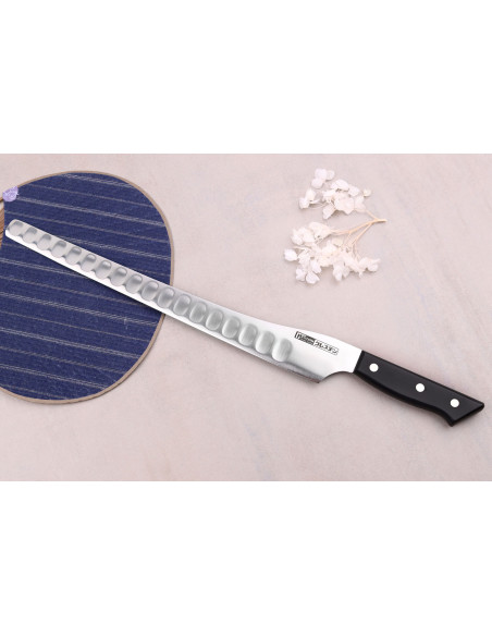 Cuchillo jamonero japonés Glestain Serie SO 31cm con lomo curvo con borde granton
