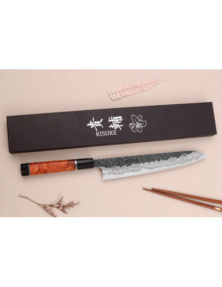 Sujihiki-Messer 24cm japanisch handgefertigt Kisuke Manaka Enn aus Cognacholz mit 2 Ringen