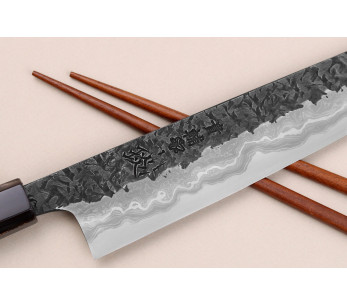 Sujihiki-Messer 24cm japanisch handgefertigt Kisuke Manaka Enn aus Cognacholz mit 2 Ringen 2