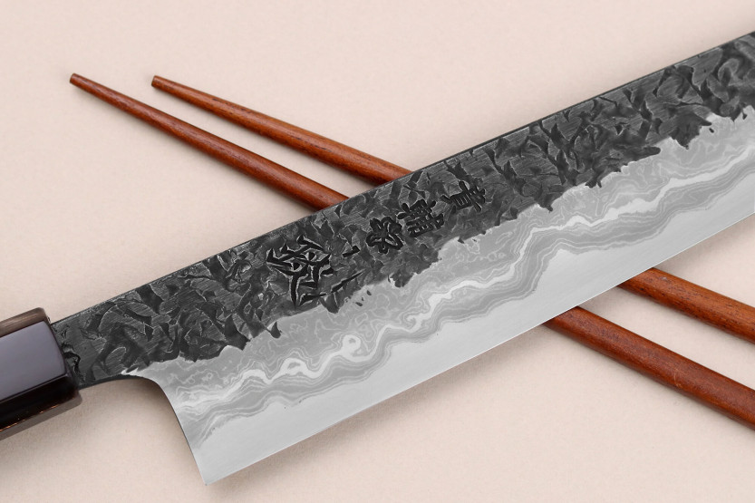 Sujihiki-Messer 24cm japanisch handgefertigt Kisuke Manaka Enn aus Cognacholz mit 2 Ringen