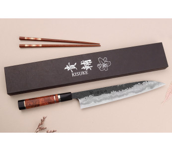 Sujihiki-Messer 24cm japanisch handgefertigt Kisuke Manaka Enn aus Cognacholz mit 3 Ringen 2